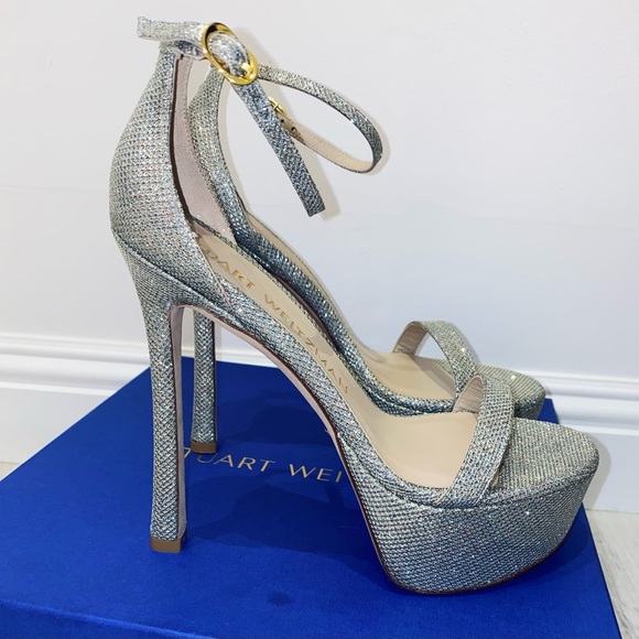 New Stuart Weitzman Platform Nudistcurve Hollywood Sandals Nudist Curve Glitter - Picture 3 of 11